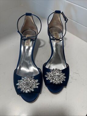 Badgley Mischka Navy Satin Crystal-Embellished Open-Toe Ankle-Strap Heels